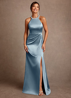 Azazie Lawrence Abiti per la Madre della Sposa Abito A-Line in Raso Elasticizzato Plissettato Blu Polveroso image1