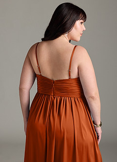 Azazie Alia Vestidos de damas de honor Vestido de Naranja Quemada de Satén Elástico de Corte en A con Plisado image15