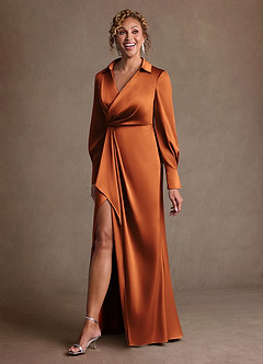 Azazie Jacinta Mère de la mariée Robes Robe Fourreau en Satin extensible Plissée Cannelle image2