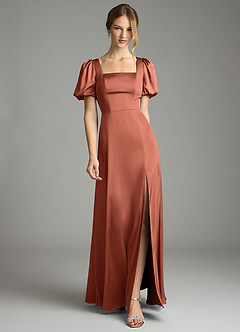 Azazie Fyona Bridesmaid Dresses Clay A-Line Pleated Stretch Satin Dress image1