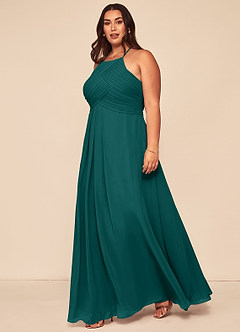 Azazie Ginger Brautjungfernkleider A-Linie Halter Gefaltet Chiffon Kleid Pfau image9