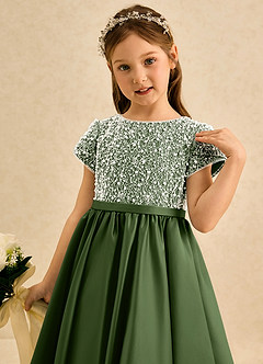 Azazie Cashew Flower Girl Dresses Olive Ball-Gown with Sleeves Matte Satin Dress image6