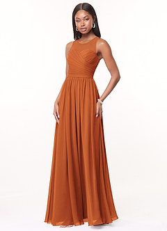 Azazie Nina Robes de demoiselle d'honneur Robe Trapèze en Mousseline de soie Plissée Cannelle image4