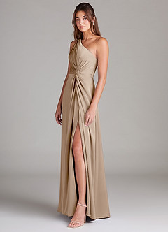 Azazie Brooke Bridesmaid Dresses Taupe A-Line One Shoulder Stretch Satin Dress image5