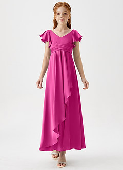 Azazie Omari Junior Fuchsia A-Line Pleated Stretch Satin Dress image5