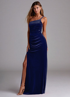 Azazie Eren Bridesmaid Dresses Dark Navy Sheath One Shoulder Velvet Dress image1
