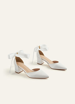 front Satin Pearl and Bow Pointed Toe Block Heels