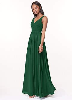 Azazie Keyla Robes de demoiselle d'honneur Robe Trapèze en Mousseline de soie Col V plissé Vert Foncé image3
