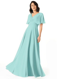 Azazie Pamela Vestidos de damas de honor Vestido de Aqua de Gasa de Corte en A con Cuello en V plisado image1