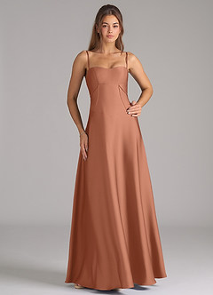 Azazie Valentine Robes de demoiselle d'honneur Robe Trapèze en Satin extensible Corset Bronze image3