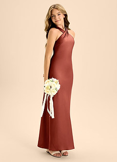 Azazie Doretta Junior A-Linie Plissee Stretch-Satin Kleid Terrakotta image7