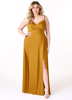 Azazie Dalilah Bridesmaid Dresses Butterscotch A-Line V-Neck Pleated Stretch Satin Dress image6