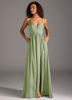 Azazie Alia Robes de demoiselle d'honneur Robe Trapèze en Satin extensible Plissée Vert Sauge image7