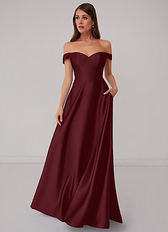 Barbie ♥ Azazie Robes de demoiselle d'honneur Robe Trapèze Convertible en Satin extensible Épaule décolletée Cabernet image2
