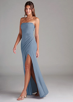 Azazie Leonis Vestidos de damas de honor Vestido de Azul Polvoriento de Crepé elástico de Corte Recto Convertible con Sin tirantes image7