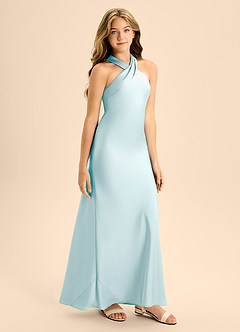 Azazie Doretta Junior Sea Glass A-Line Pleated Stretch Satin Dress image6