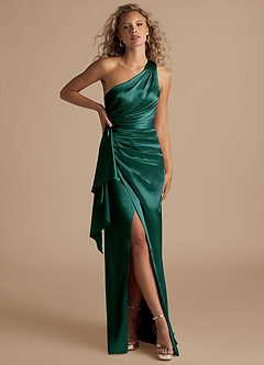 Azazie Maive Bridesmaid Dresses Pine Sheath Ruched Metallic Satin Dress image1
