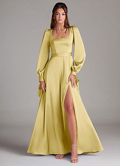 Azazie Leonia Bridesmaid Dresses Lemon Sorbet A-Line Long Sleeve Stretch Satin Dress image1