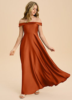 Azazie Sissy Junior Robe Trapèze en Satin extensible Épaule décolletée Orange Brûlée image5