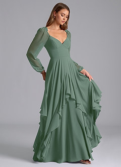 Azazie Karan Bridesmaid Dresses Eucalyptus A-Line Long Sleeve Chiffon Dress image4