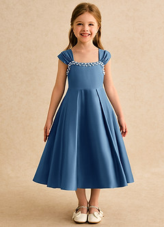 Azazie Yosemite 플라워 걸 드레스 볼가운 스윗하트 네크라인 매트 새틴 티 길이 드레스 image4