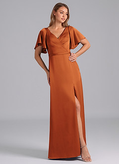 Azazie Ambrosia Bridesmaid Dresses Cinnamon A-Line Pleated Stretch Satin Dress image4