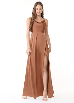 Azazie Naomie Robes de demoiselle d'honneur Robe Trapèze en Satin extensible Col bénitier fendu sur le côté Bronze image1