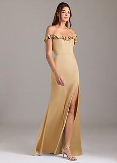 Azazie Callie Bridesmaid Dresses Gold A-Line Ruched Stretch Satin Convertible Dress image6