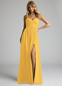 Azazie Alia Bridesmaid Dresses Marigold A-Line Pleated Chiffon Dress image1