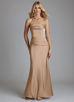 Azazie Lenya Final Sale Taupe Sheath Pleated Stretch Satin Dress image1