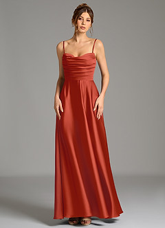 Azazie Ayla Robes de demoiselle d'honneur Robe Trapèze en Satin extensible Corset Rouille image5