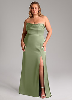 Azazie Saige Bridesmaid Dresses Pistachio Sheath Off the Shoulder Stretch Satin Dress image11