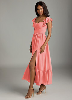 Azazie Anaya Bridesmaid Dresses Coral A-Line Pleated Chiffon Dress image4
