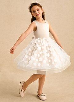 Azazie Billie Flower Girl Dresses White Alabaster Ball-Gown Pleated Matte Satin Dress image1