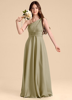 Azazie Charlize Junior Abito A-Line in Raso Elasticizzato Plissettato Verde Muschio image6