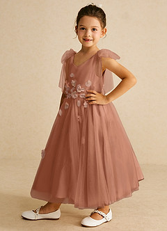 Azazie Minia Flower Girl Dresses Bronzer A-Line Bow Matte Satin Dress image5