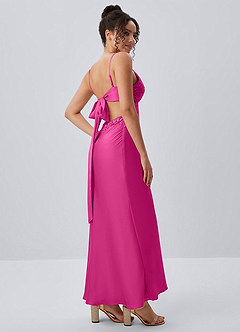 Paloma Hot Pink Satin Beading Back Bow Summer Maxi Dress image3