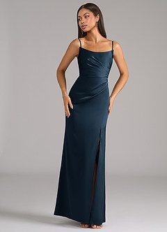 Azazie Marla Vestidos de madrinha de casamento Vestido Azul Marinho de Cetim elástico de Bainha com Sem Alças image7