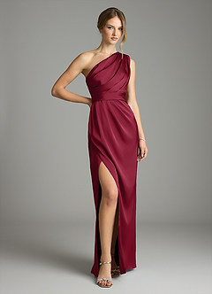 Azazie Emorie Bridesmaid Dresses Burgundy Sheath One Shoulder Stretch Satin Dress image1