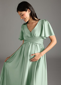 Azazie Verna Maternity Bridesmaid Dresses A-Line Ruched Stretch Satin Floor-Length Dress image1