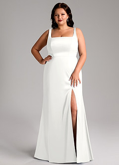 Azazie Frostine Vestidos de damas de honor Vestido de Blanco de Satén Elástico de Corte en A con Lazo image14