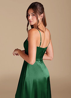 Azazie Halsey Vestidos de damas de honor Vestido de Verde Oscuro de Satén Metálico de Corte en A con Corte Lateral image2