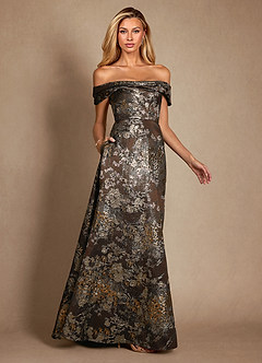 Azazie Marceline Mother of the Bride Dresses Mocha Coco A-Line Off the Shoulder Jacquard Dress image1