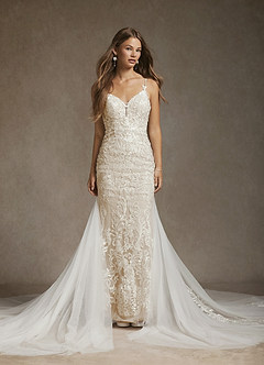 Azazie Josephine Final Sale Diamond White Nude Mermaid V-Neck Sequins Tulle Dress image2