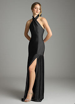 Azazie Nayeli Jurken voor bruidsmeisjes Jurk van Stretch Satijn met A-Lijn Geplooid Zwart image4