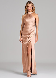 Azazie Karlotta Bridesmaid Dresses Rose Gold Sheath Pleated Stretch Satin Dress image1