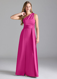 Azazie Dallas Robes de demoiselle d'honneur Robe Trapèze en Satin extensible Ue épaule Fuchsia image1