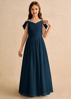 Azazie Chelo Girls Formal Abiti da Ragazza di Fiori Abito A-Line in Chiffon Plissettato Marino Scuro image5