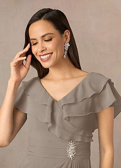 Azazie Snapdragon Mother of the Bride Dresses Taupe A-Line V-Neck Ruched Chiffon Dress image3