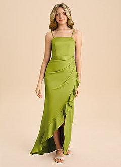 Azazie Buzzy Junior Lemongrass Sheath Pleated Stretch Satin Dress image4